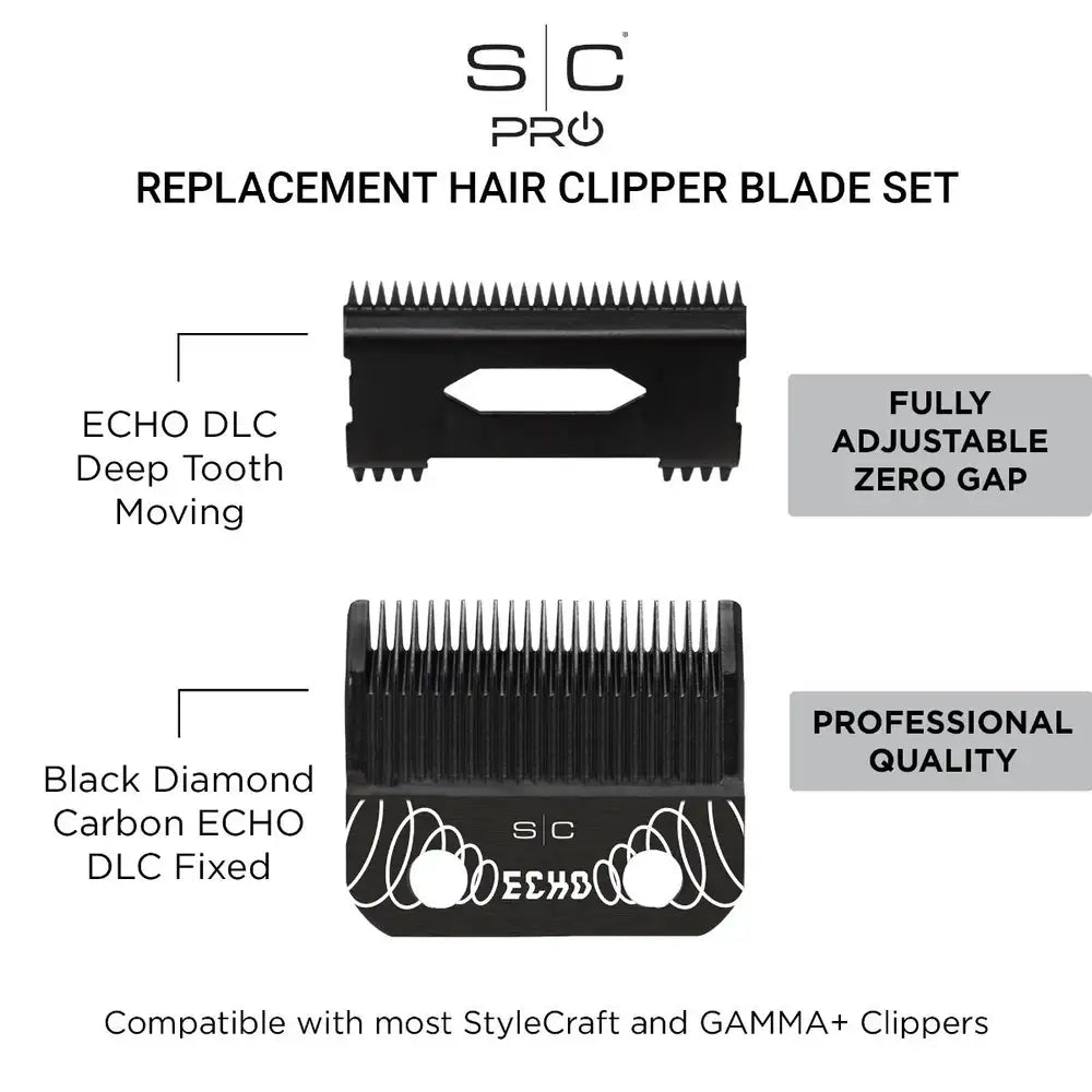 Replacement ECHO Fixed Black Diamond Carbon DLC Hair Clipper Blade with DLC Deep Tooth Cutter Set